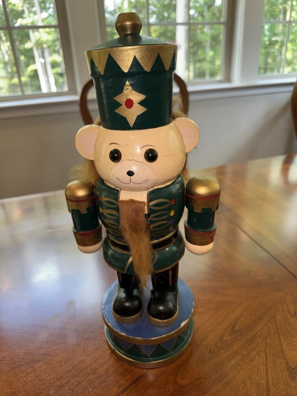 Wood Bear Nutcracker Soldier Figure Christmas Decor Green Blue Gold
